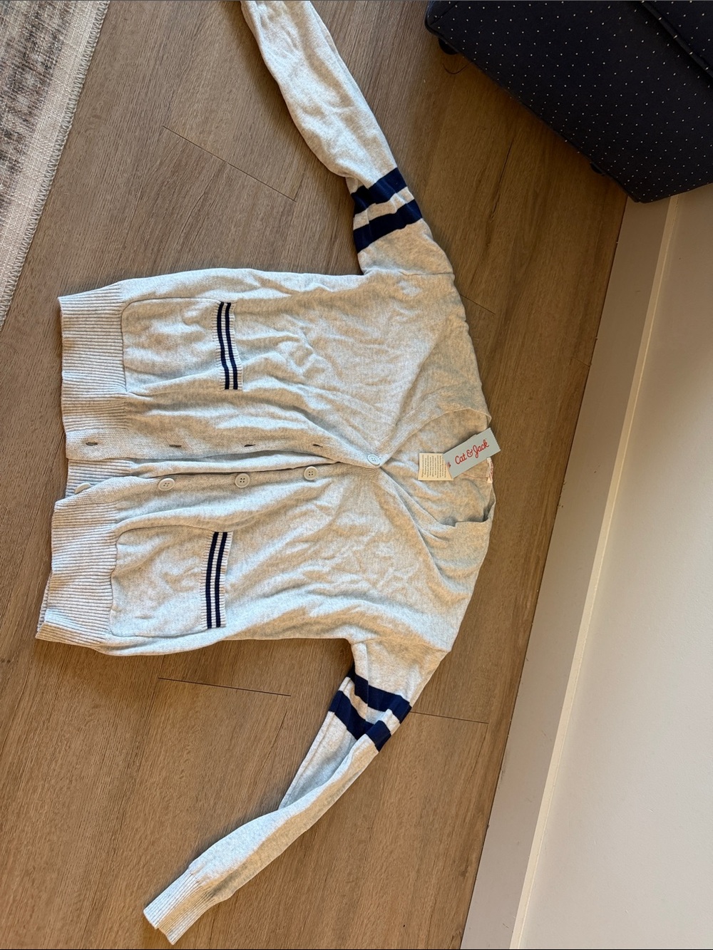Cat & Jack Light Gray Cardigan with Navy Stripe Accents